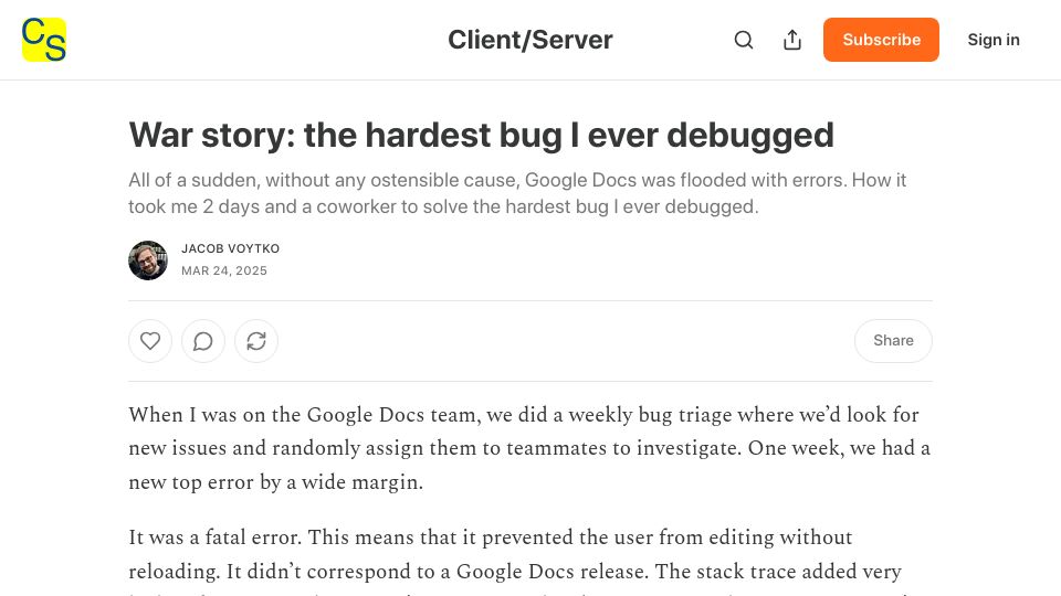 Screenshot of clientserver.dev: War story: the hardest bug I ever debugged