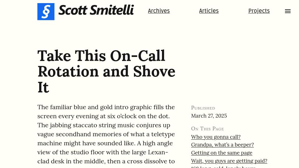 Screenshot of scottsmitelli.com: Take this on-call rotation and shove it
