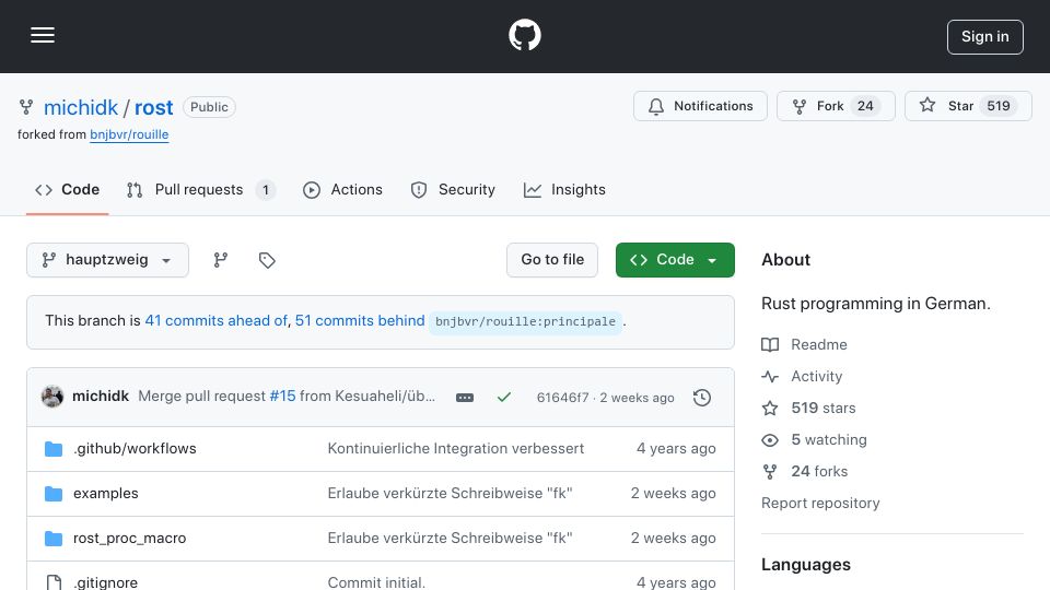 Screenshot of github.com: Rost – Rust Programming in German