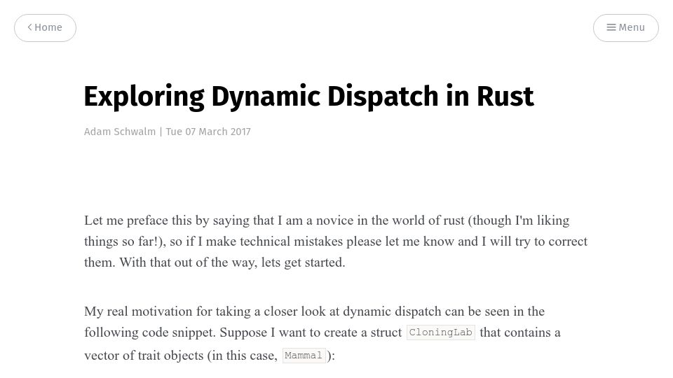 Screenshot of alschwalm.com: Exploring Dynamic Dispatch in Rust