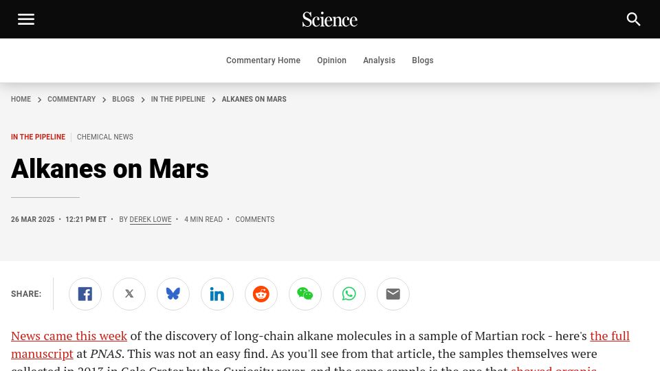 Screenshot of science.org: Alkanes on Mars