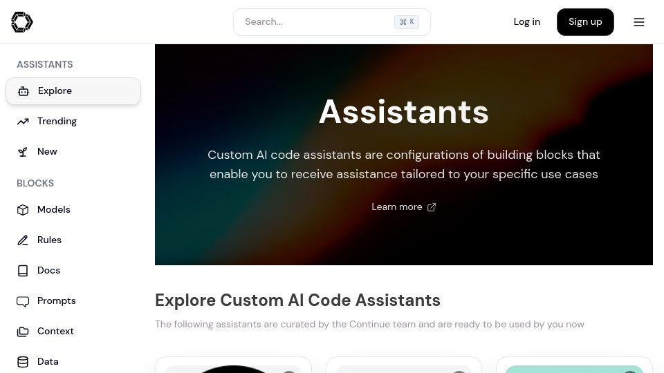 Screenshot of hub.continue.dev: Launch HN: Continue (YC S23) – Create custom AI code assistants