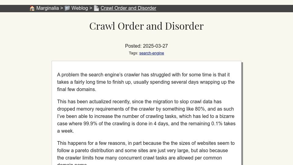 Screenshot of marginalia.nu: Crawl Order and Disorder