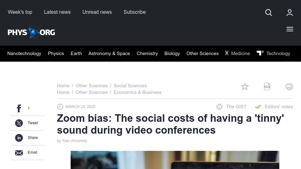 Screenshot of phys.org: Zoom bias: The social costs of having a 'tinny' sound during video conferences