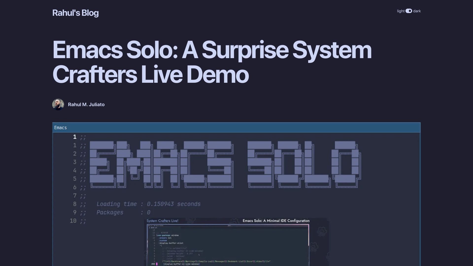 Screenshot of rahuljuliato.com: Emacs Solo: A Surprise System Crafters Live Demo