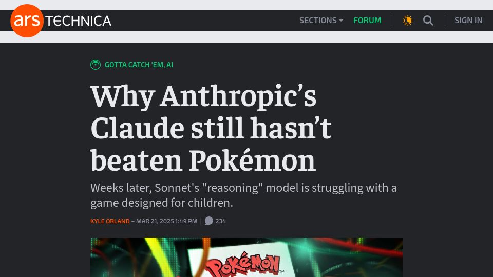 Screenshot of arstechnica.com: Why Anthropic's Claude still hasn't beaten Pokémon