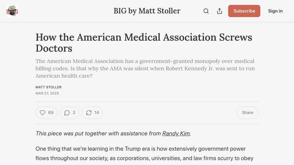 Screenshot of thebignewsletter.com: How the American Medical Association Screws Doctors