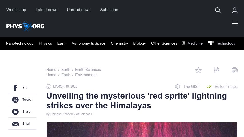 Screenshot of phys.org: Unveiling the mysterious 'red sprite' lightning strikes over the Himalayas