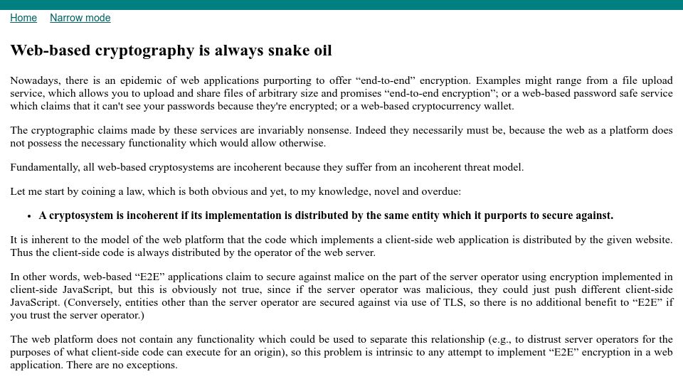 Screenshot of devever.net: Web-based cryptography is always snake oil