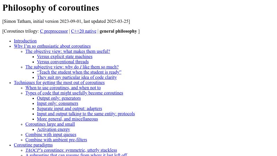 Screenshot of chiark.greenend.org.uk: Philosophy of Coroutines (2023)