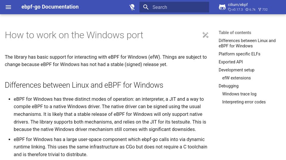 Screenshot of ebpf-go.dev: Cilium eBPF-Go on Windows