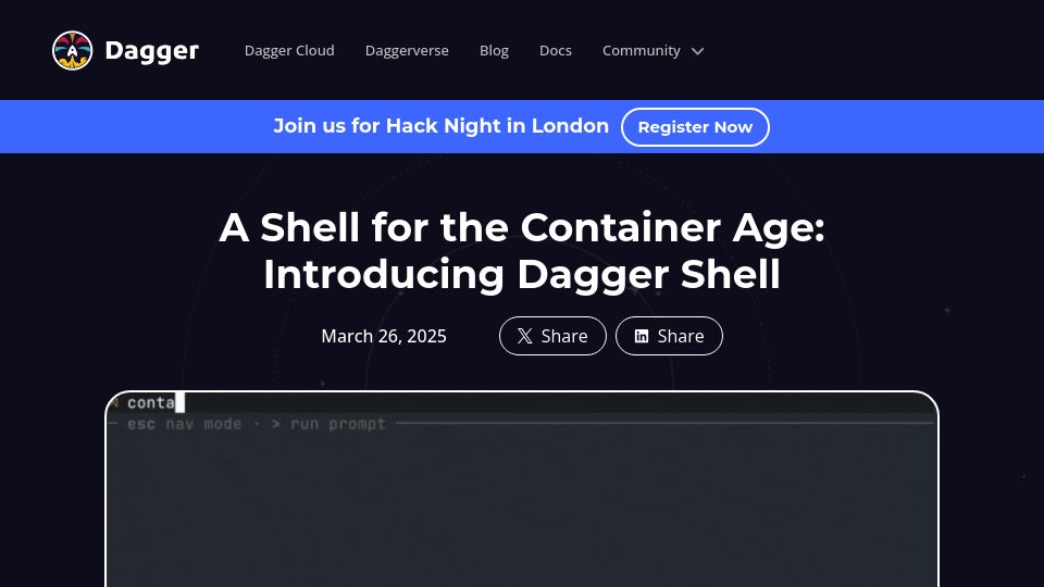 Screenshot of dagger.io: Dagger: A shell for the container age
