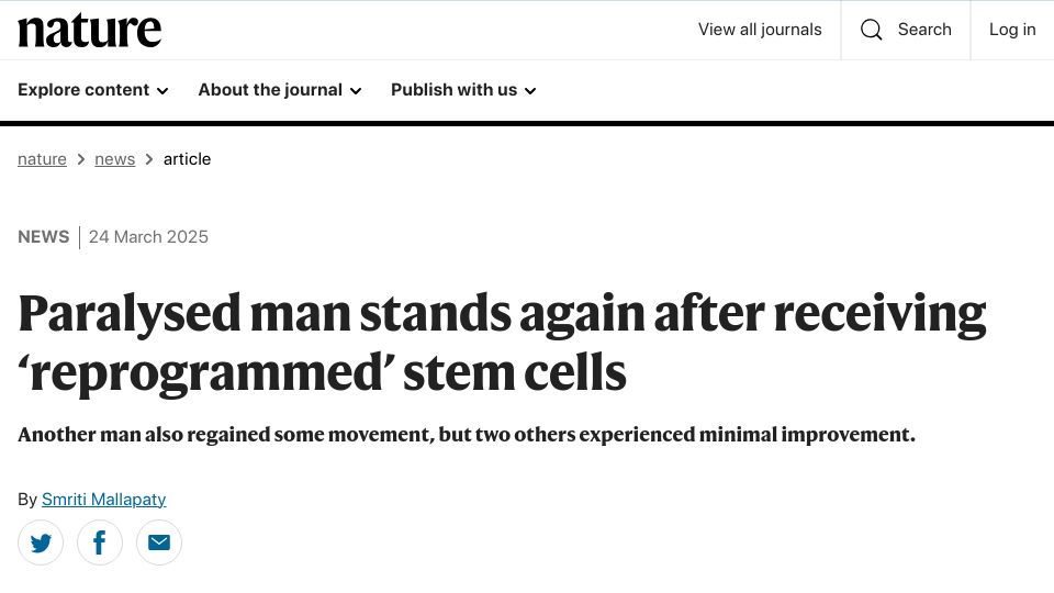 Screenshot of nature.com: First-of-its-kind trial enables paralysed man to stand via stem cell injection