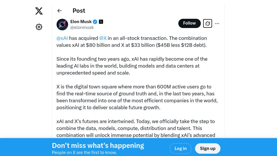 Screenshot of twitter.com: xAI has acquired X, xAI now valued at $80B