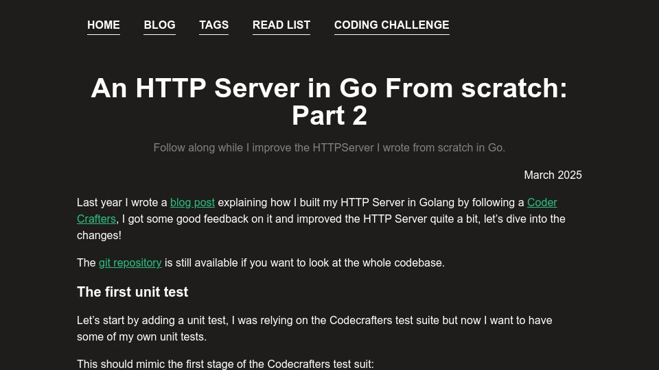Screenshot of krayorn.com: Writing an HTTP Server in Go from Scratch: Part 2