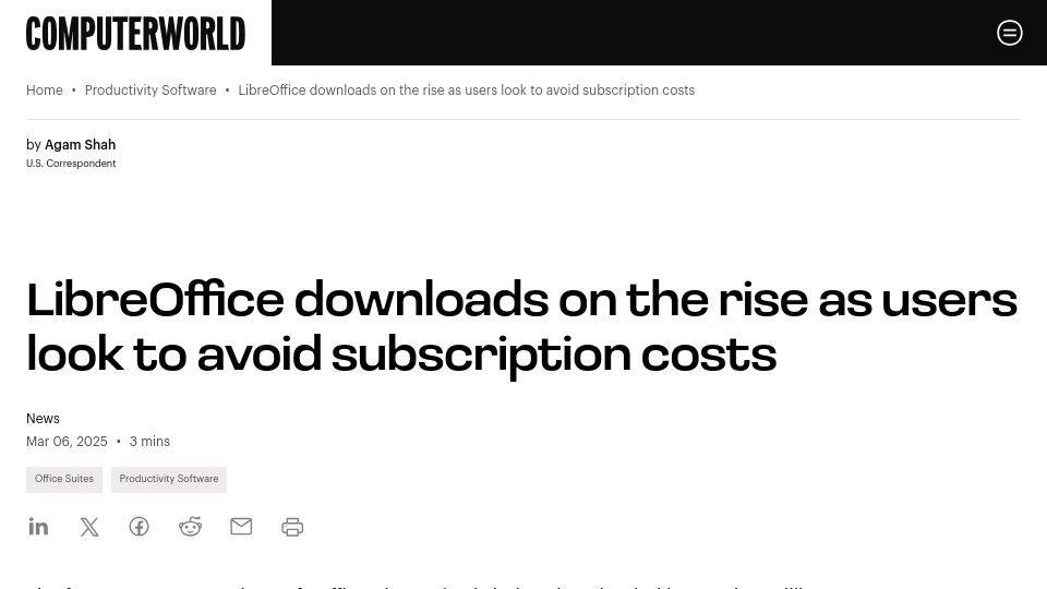 Screenshot of computerworld.com: LibreOffice downloads on the rise as users look to avoid subscription costs