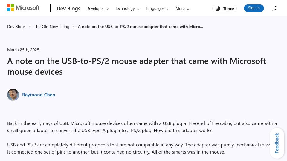 Screenshot of devblogs.microsoft.com: A note on the USB-to-PS/2 mouse adapter that came with Microsoft mouse devices