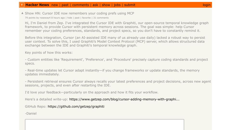 Screenshot of Hacker News post: Show HN: Cursor IDE now remembers your coding prefs using MCP