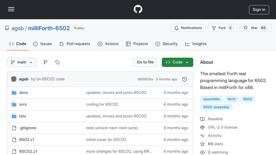 Screenshot of github.com: MilliForth-6502: The smallest Forth real programming language for 6502