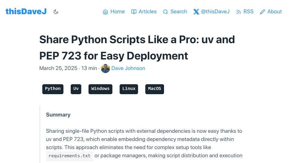 Screenshot of thisdavej.com: Using uv and PEP 723 for Self-Contained Python Scripts