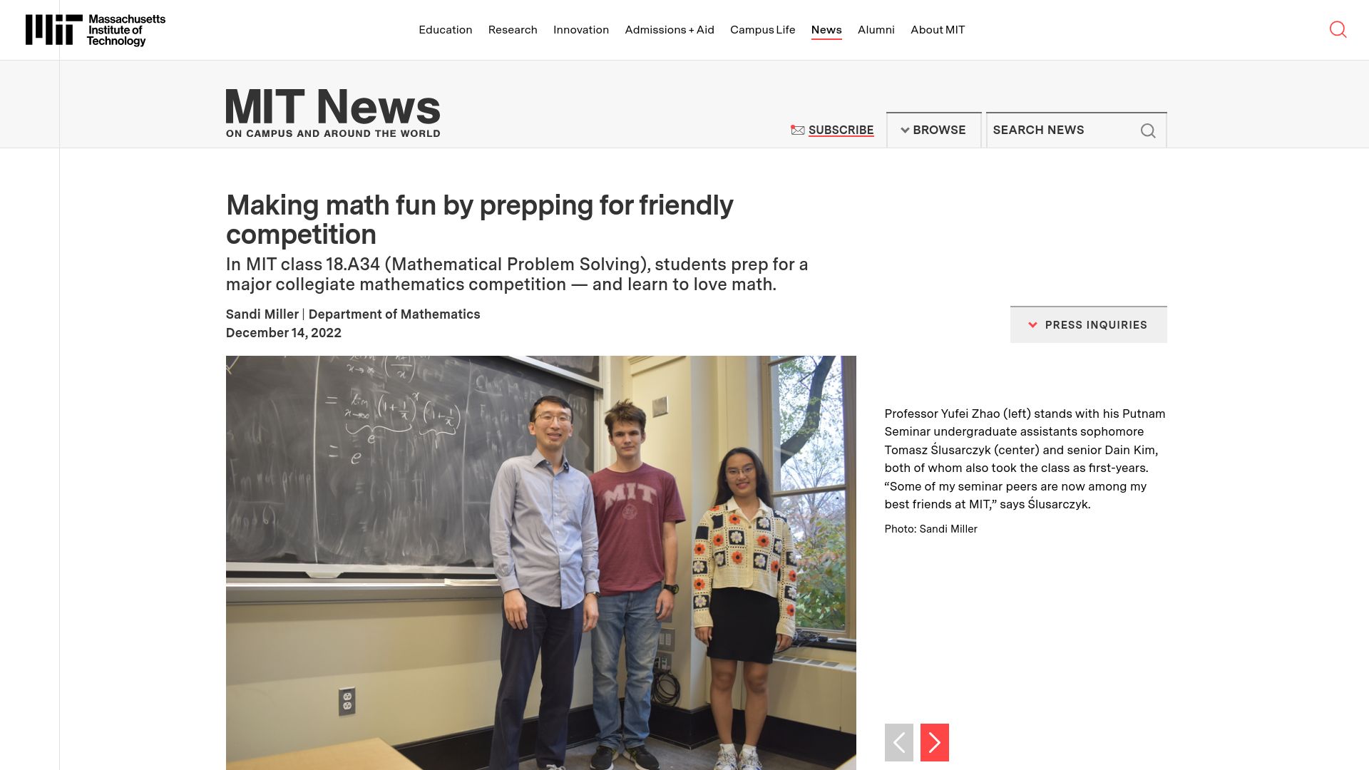 Screenshot of news.mit.edu: Making math fun by prepping for friendly competition (2022)