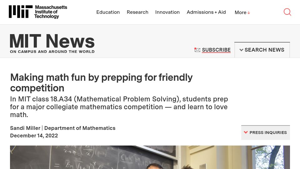 Screenshot of news.mit.edu: Making math fun by prepping for friendly competition (2022)