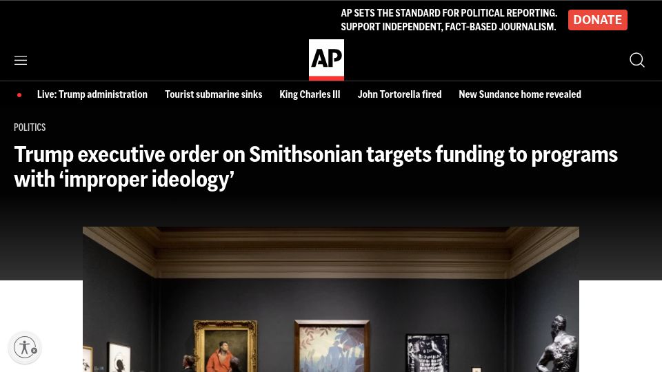 Screenshot of apnews.com: Executive order on Smithsonian targets funding programs with 'improper ideology'