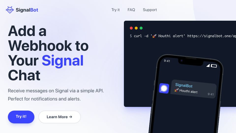 Screenshot of signalbot.one: SignalBotOne – Notification Webhooks for Signal