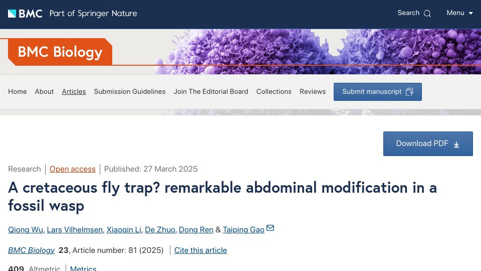 Screenshot of bmcbiol.biomedcentral.com: A cretaceous fly trap? Remarkable abdominal modification in a fossil wasp