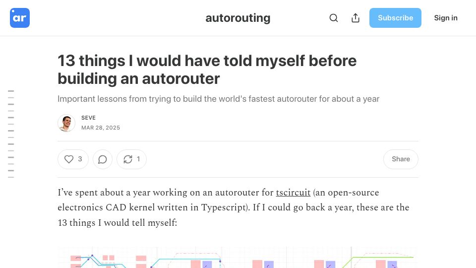 Screenshot of blog.autorouting.com: Things I would have told myself before building an autorouter
