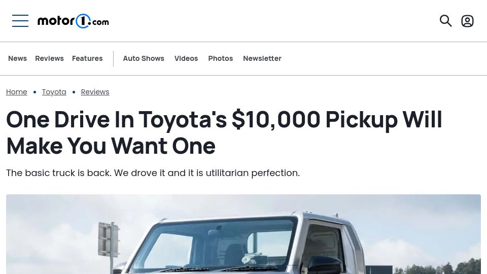 Screenshot of motor1.com: One Drive in Toyota's $10k Pickup Will Make You Want One (2023)