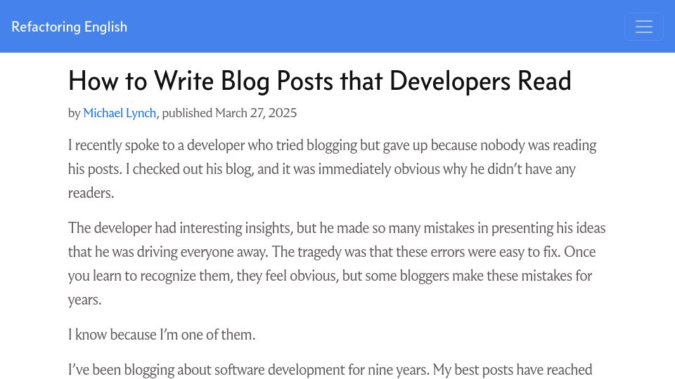 Screenshot of refactoringenglish.com: How to write blog posts that developers read