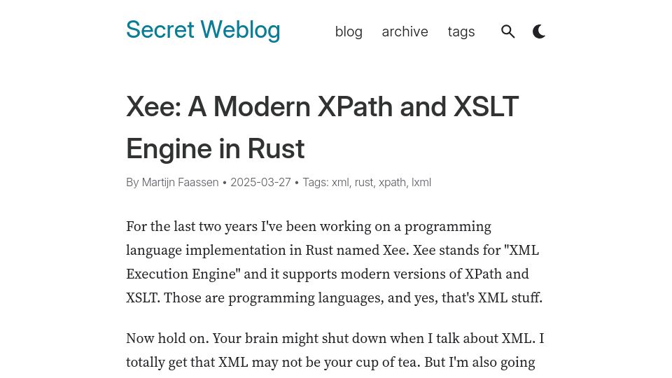 Screenshot of blog.startifact.com: Xee: A Modern XPath and XSLT Engine in Rust