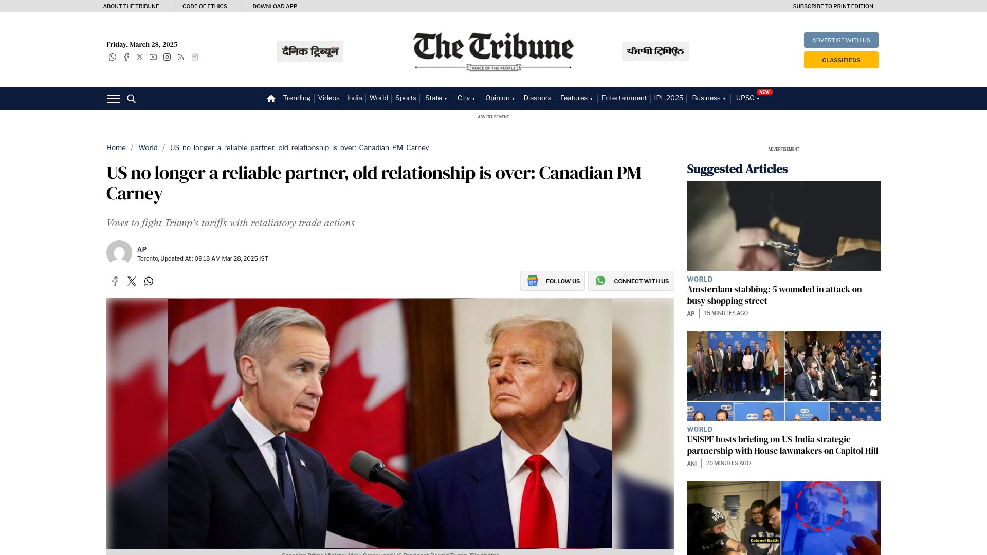 Screenshot of tribuneindia.com: US no longer a reliable partner, old relationship is over: Canadian PM Carney