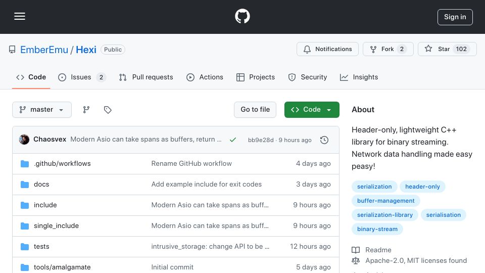 Screenshot of github.com: Show HN: Hexi – Modern header-only network binary serialisation for C++