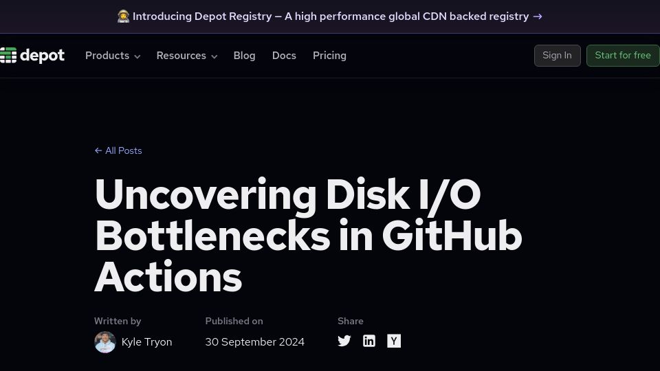Screenshot of depot.dev: Disk I/O bottlenecks in GitHub Actions