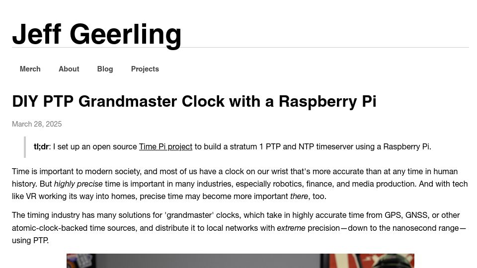 Screenshot of jeffgeerling.com: DIY PTP Grandmaster Clock with a Raspberry Pi