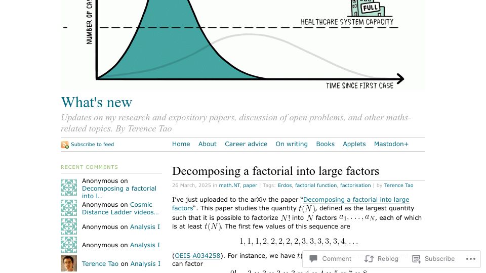 Screenshot of terrytao.wordpress.com: Decomposing a Factorial into Large Factors