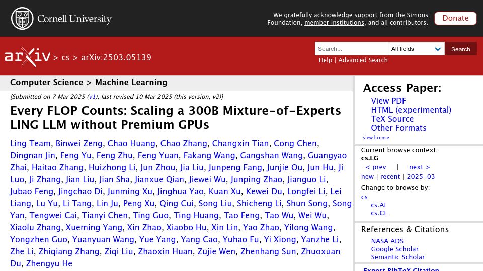 Screenshot of arxiv.org: Every Flop Counts: Scaling a 300B LLM Without Premium GPUs