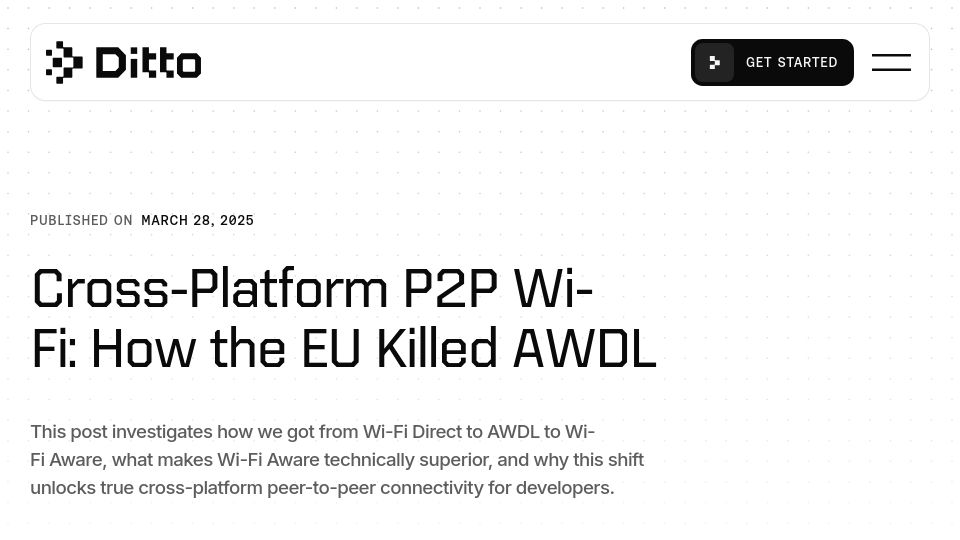 Screenshot of ditto.com: Cross-Platform P2P Wi-Fi: How the EU Killed AWDL