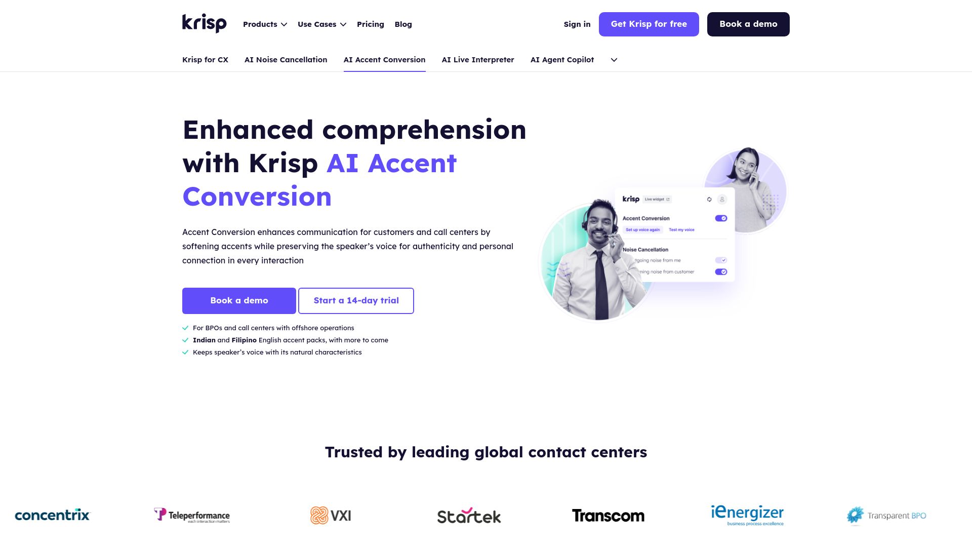 Screenshot of krisp.ai: AI Accent Conversion for call centers