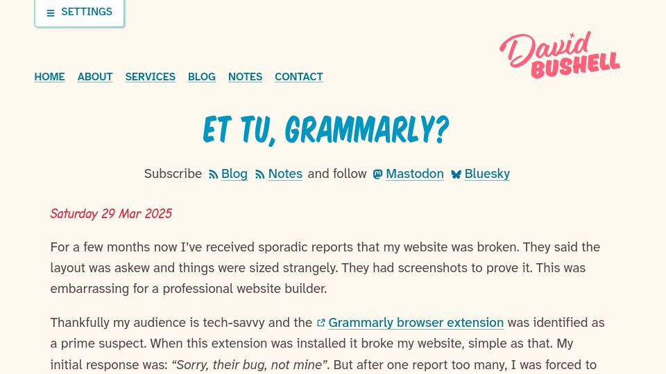 Screenshot of dbushell.com: Et Tu, Grammarly?