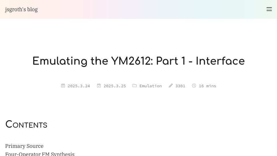Screenshot of jsgroth.dev: Emulating the YM2612: Part 1 – Interface