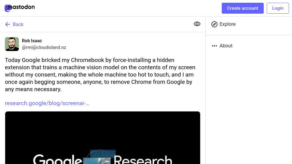 Screenshot of cloudisland.nz: Today Google bricked my Chromebook by force-installing a hidden extension