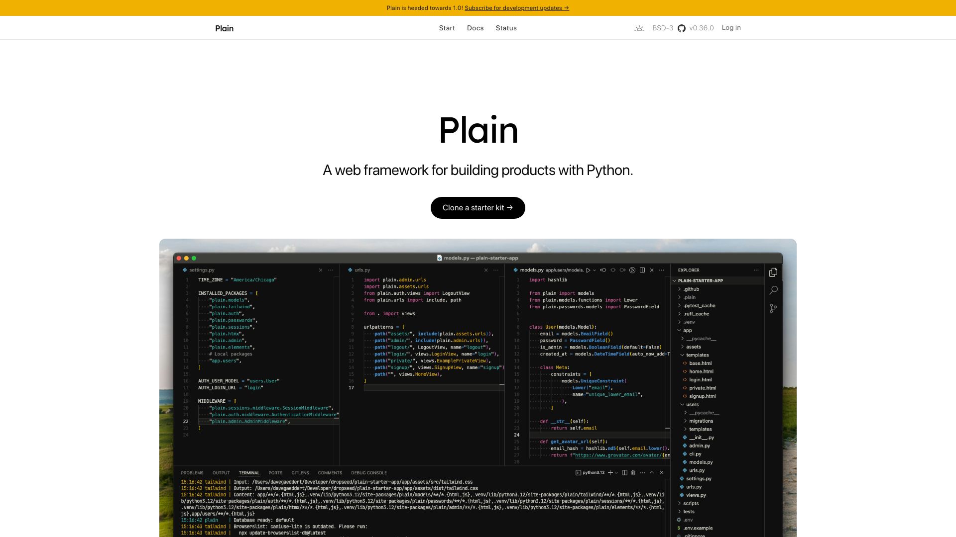 Screenshot of plainframework.com: Plain – a web framework for building products with Python