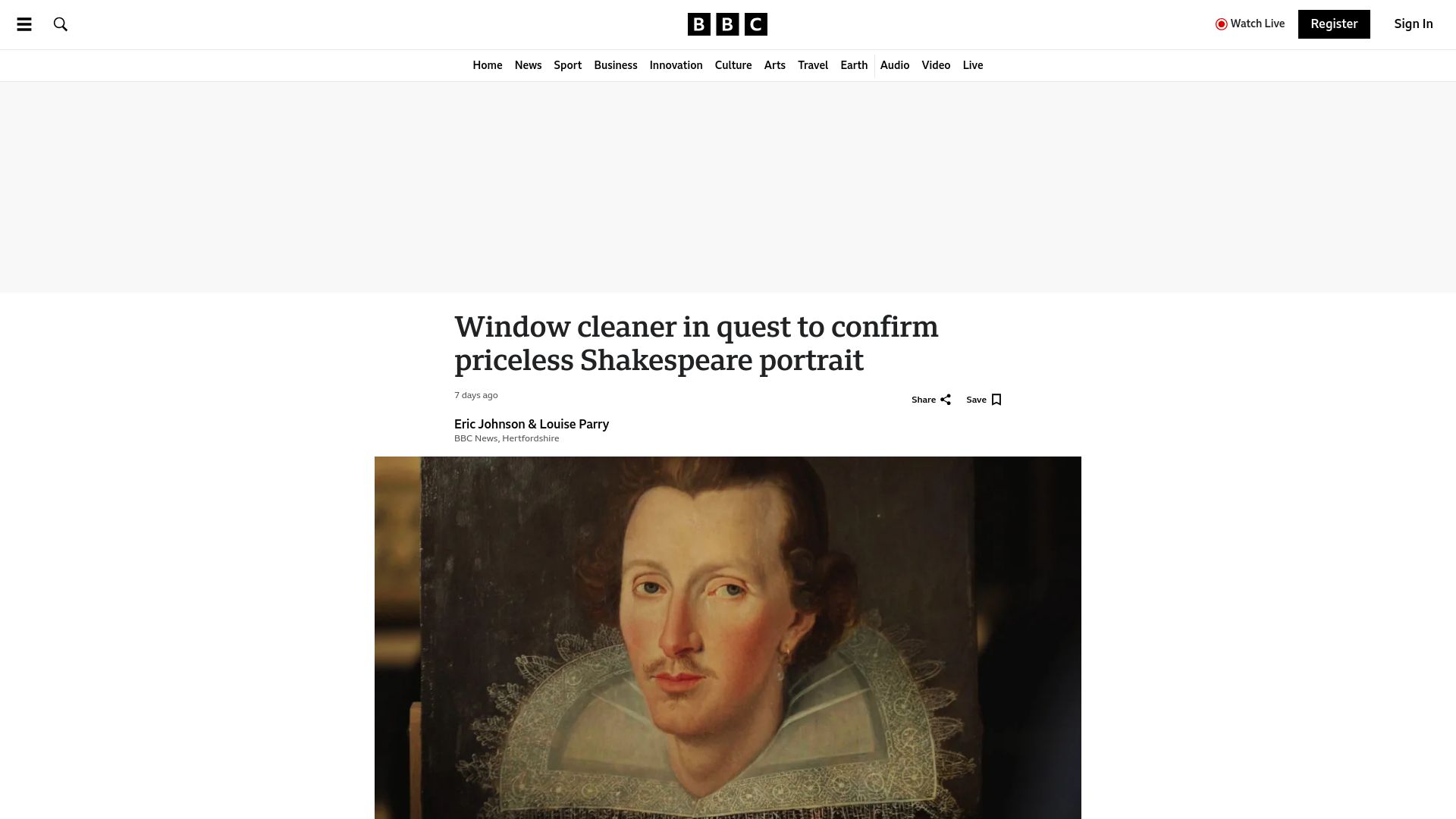 Screenshot of bbc.com: Window cleaner in quest to confirm priceless Shakespeare portrait