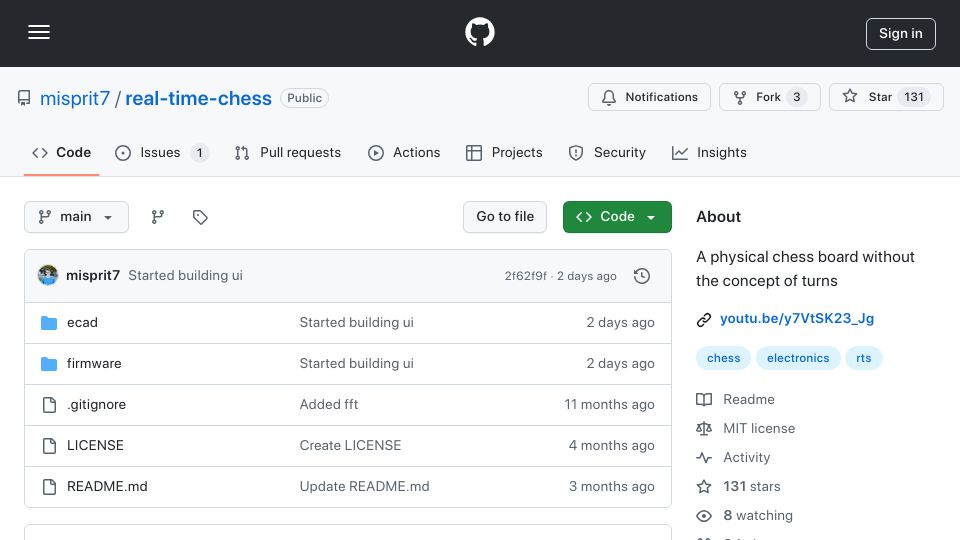 Screenshot of github.com: Real Time Chess – A physical chess board without the concept of turns
