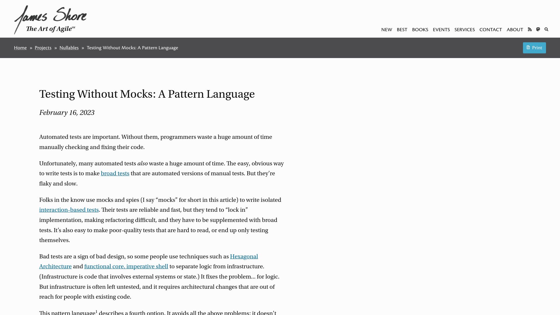 Screenshot of jamesshore.com: Testing Without Mocks: A Pattern Language (2023)