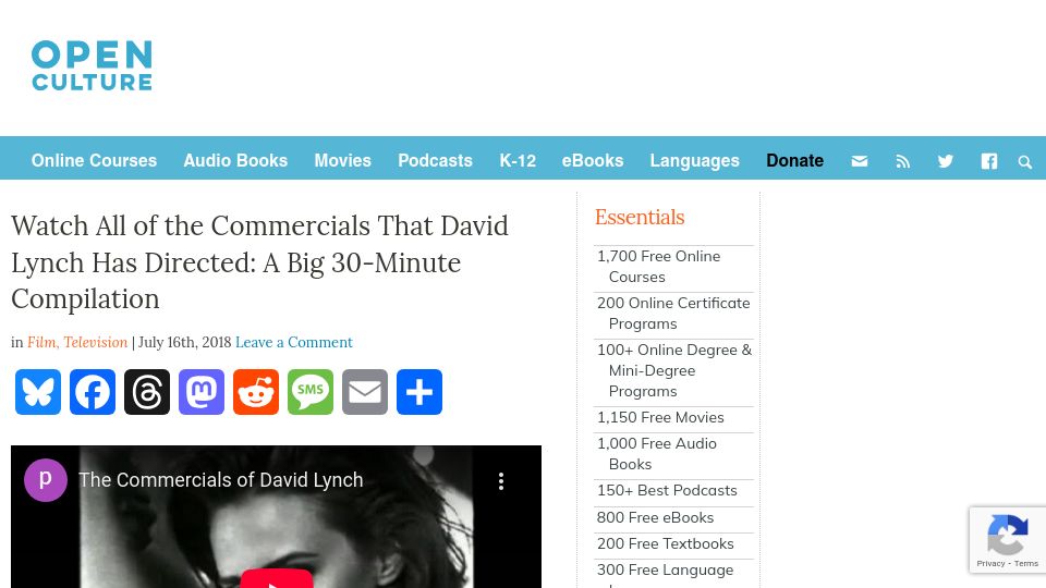 Screenshot of openculture.com: Commercials that David Lynch directed (2018)