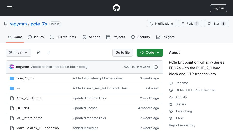 Screenshot of github.com: PCIe Endpoint on Xilinx 7-Series FPGAs with PCIe_2_1 Hard Block and GTP